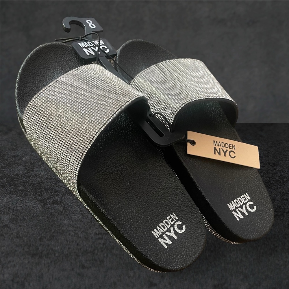 Steve Madden Black and Silver Rhinestoned Slide Sandals